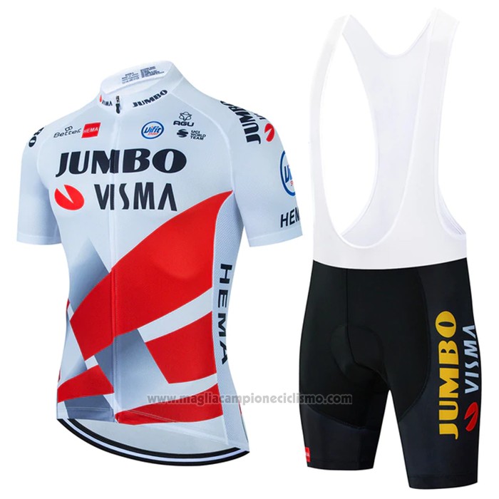 2022 Abbigliamento Ciclismo Jumbo Visma Rosso Bianco Manica Corta e Salopette